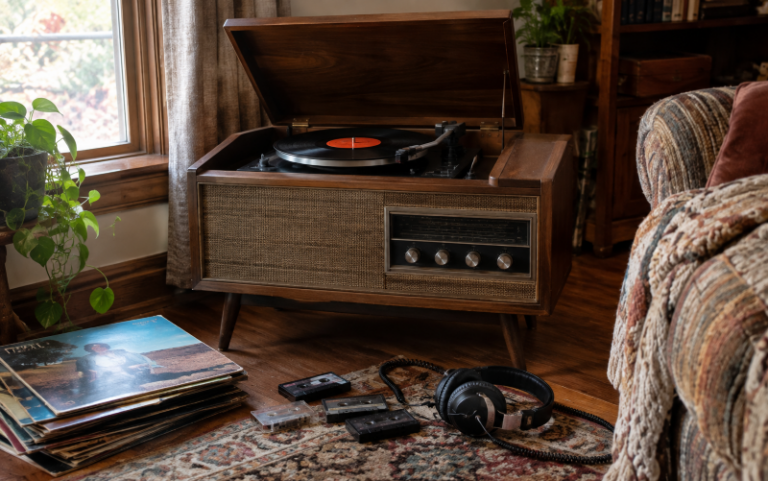 A realistic vintage wooden floor model record player