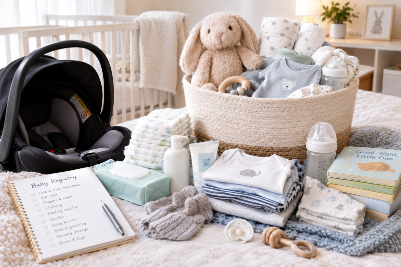 Baby registry essentials including newborn clothing, diapers, feeding supplies, baby books, and nursery items.