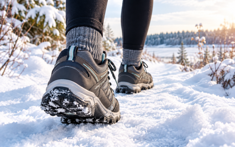 Grey winter walking shoes on a snowy path.