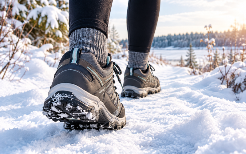 Grey winter walking shoes on a snowy path.